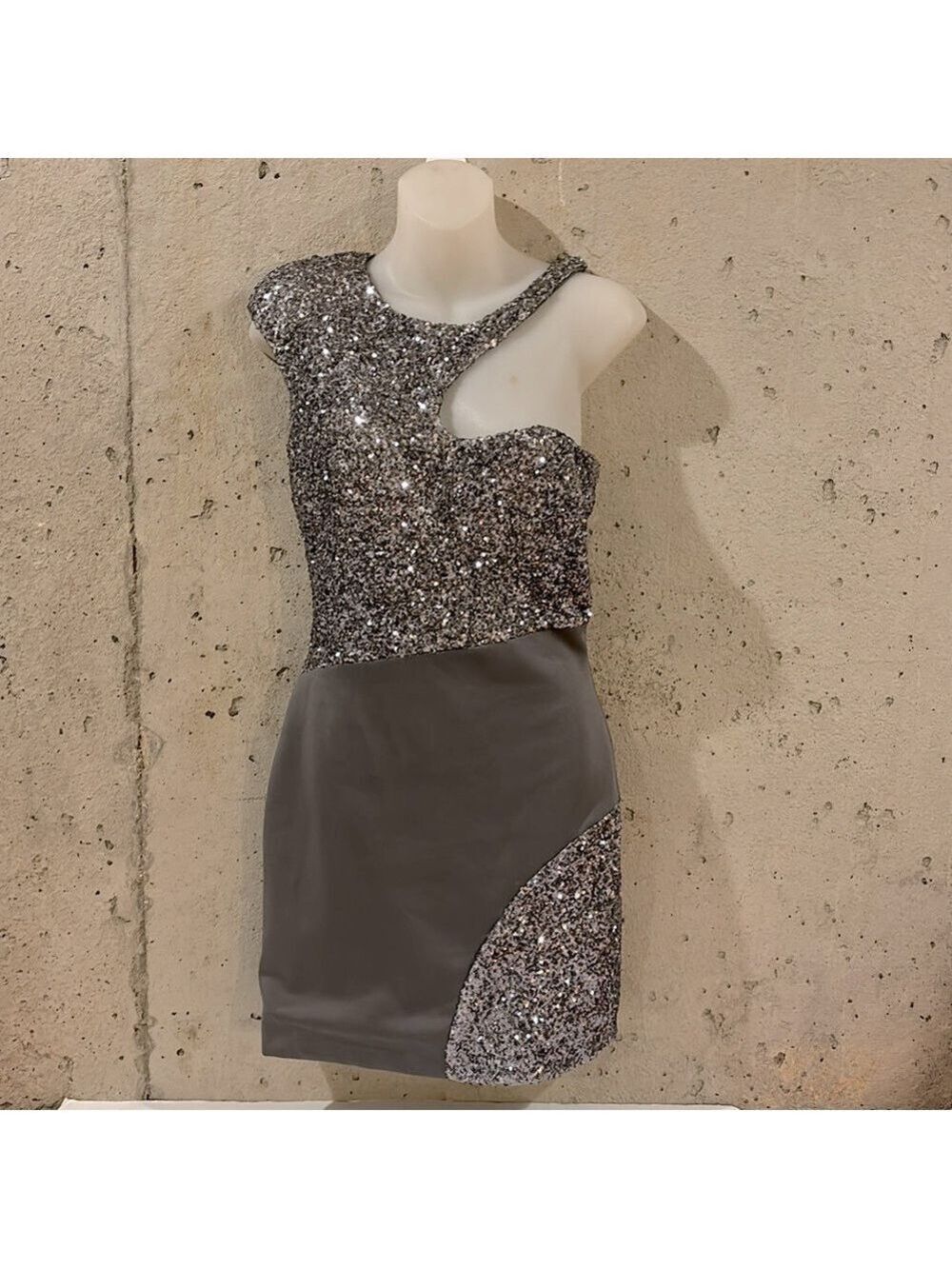 Arden B Exclusive Silver Sequin and Satin Mini Party Dress - Size M